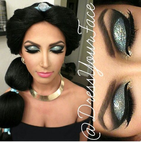 Princess Jasmine hair and makeup Princess Jasmine Makeup, Jasmine Makeup, Disney Princess Makeup, Jasmine Hair, Drag Make-up, Arabic Makeup, Theatre Makeup, Princess Makeup, Disney Makeup