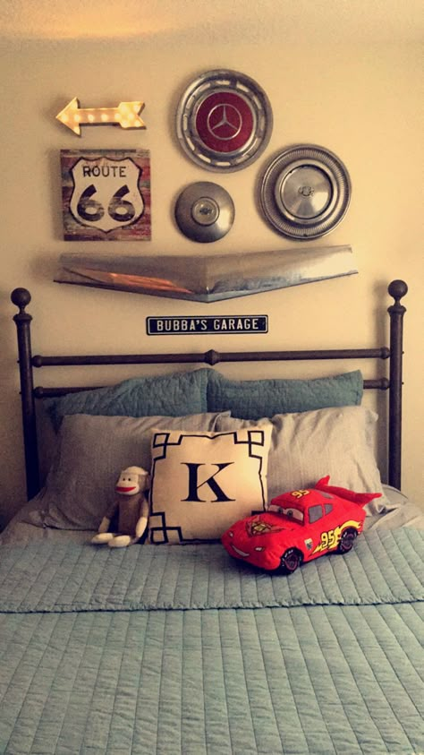 Vintage car theme boys room I designed for my son #theMermaidmommy Car Theme Boys Room, Vintage Car Theme, Boys Car Bedroom, Vintage Car Bedroom, Car Nursery, Teen Boy Room, Car Theme, Cars Room, Big Kids Room