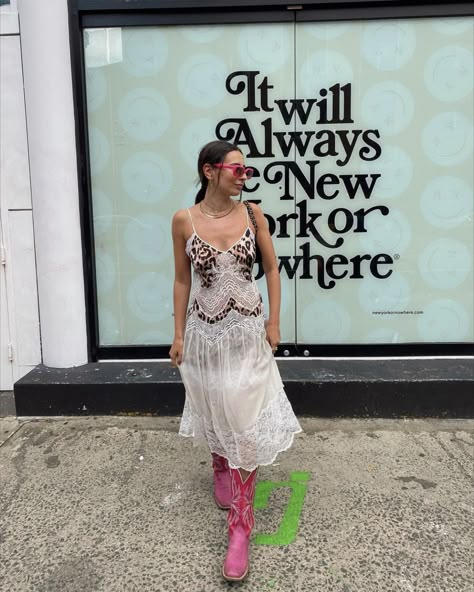 Eclectic Western Fashion, Cowboy Boots Slip Dress Outfit, Emma Chamberlain Cowboy Boots, Coquette Coachella Outfit, Enya Umanzor Cowboy Boots, Eclectic Western, Sheer Coquette Summer Dress, Slip Dress White, Lace Trend