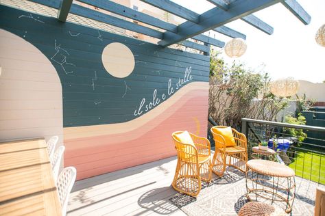 Sedona Airbnb, Cinder Block Wall Ideas, Backyard Mural Ideas, Outside Mural, Block Wall Ideas, Painting Concrete Walls, Backyard Mural, Costa Rica Aesthetic, Rica Aesthetic