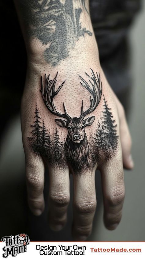 Deer Hand Tattoo, Plant Tattoos Men, Tattoo For Hand Men, Male Hand Tattoos Ideas, Mule Deer Tattoo, Men S Hand Tattoo, Man Hand Tattoo, Mens Finger Tattoos, Men’s Hand Tattoo