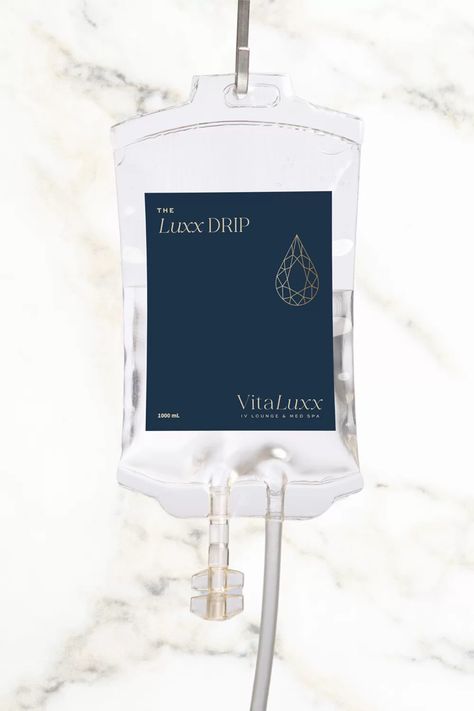 Mock-up of IV therapy bag branding design with logo design for nurses Med Spa Branding, Luxury Medical Spa, Iv Lounge, Med Spa Marketing, Sugar Mama, Brand Website Design, Spa Marketing, Spa Branding, Brand Purpose