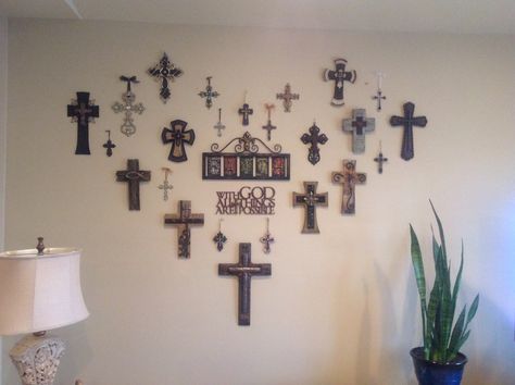 Cross Wall Collage, Lace Trees, Cross Crafts, Cross Wall, Cross Wall Decor, Cross Art, Home Altar, Crosses Decor, Wall Crosses