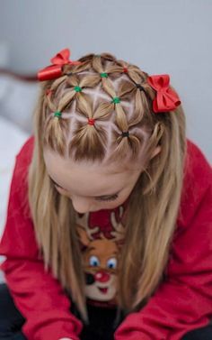 Christmas Girl Hairstyles, Toddler Christmas Hairstyles Girl, Kids Party Hairstyles, Christmas Crazy Hair Day, Girls Christmas Hairstyles, Hairstyles Crown Braid, Christmas Crazy Hair, Christmas Hair Ideas For Kids, Kids Christmas Hairstyles