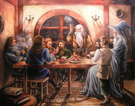 Dwarves at Bilbo's house by edarlein.deviantart.com on @deviantART Tolkien Artwork, Hobbit Book, Lord Of The Rings Art, John Howe, Middle Earth Art, Tolkien Art, Lotr Art, The Silmarillion, Fellowship Of The Ring