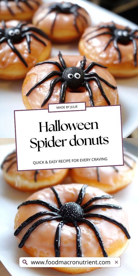 Transform your kitchen into a Halloween haven with these wickedly delicious spider donuts! With simple ingredients and a touch of creativity, you'll create the perfect blend of spooky and sweet. Ideal for Halloween parties or a fun baking day with the kids! Donut Spiders, Fangtastic Halloween, Spider Donuts, Spooky Cookies, Chocolate Dipped Pretzel Rods, Halloween Dessert Ideas, Chocolate Spiders, Wonton Soup Recipe, Dipped Pretzel Rods