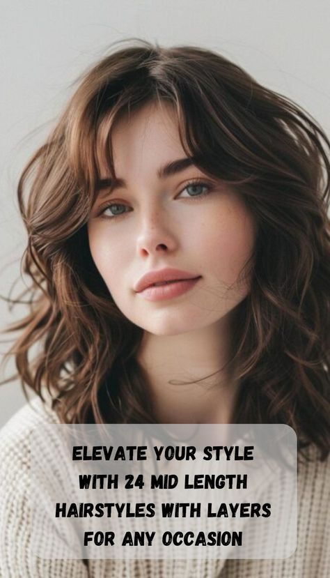 Explore 24 stunning mid-length hairstyles with layers that add movement and volume to your hair. Whether for casual days or special events, these versatile styles are perfect for any occasion, offering a fresh and fashionable touch to your look. Round Face Thick Hair, Wavy Lob Haircut, Hairstyles With Layers, Mid Length Hairstyles, Wavy Layered Hair, Chin Length Haircuts, Straight Layered Hair, Wavy Bob Haircuts, Face Profile