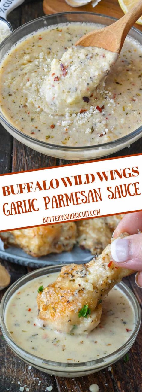 Garlic Parmesan Sauce is a savory homemade recipe that rivals the classic sauce from Buffalo Wild Wings. This copycat sauce is perfect to pair with chicken wings, fries, and more! Copycat Buffalo Wild Wings, Wild Wings Garlic Parmesan Sauce, Wings Garlic Parmesan, Buffalo Wild Wings Sauces, Parmesan Sauce Recipe, Parmesan Wing Sauce, Garlic Parmesan Wings, Wing Sauce Recipes, Parmesan Chicken Wings