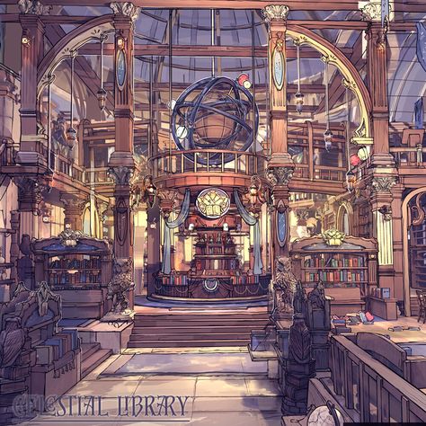 Steampunk Library Concept Art, Genshin Library, Fantasy Office Concept Art, Fantasy Library Concept Art, Fantasy Dorm Room, Library Concept Art, Celestial Library, Mc Castle, Magic Classroom