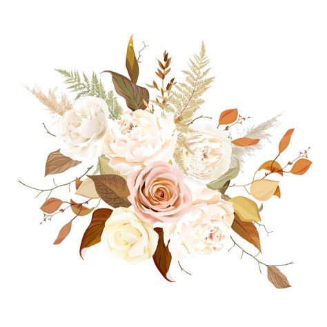 Moody boho chic wedding vector bouquet. Warm fall and winter tones. Orange red, taupe, ivory, brown, cream, gold, beige, sepia autumn colors. Rose flowers royalty free illustration Brown Wedding Invitations, Moody Boho, Orange Wedding Invitations, Dusty Orange, Flowers Peony, Boho Wedding Flowers, Frame Floral, Brown Flowers, Boho Flowers