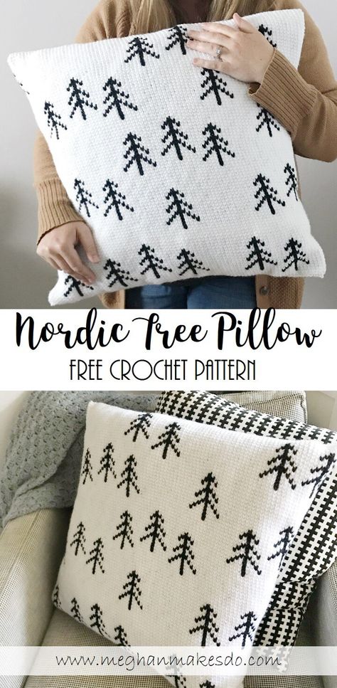 nordic tree pillow, modern crochet home decor, modern crochet pattern, black and white tree pillow crochet pattern, free crochet patterns for the home Nordic Tree, Modern Haken, Crochet Cushion Pattern, Beau Crochet, Crochet Cushion, Projects Design, Crochet Cushion Cover, Confection Au Crochet, Crochet Pillow Pattern