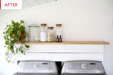 Before & After - Budget Laundry Room Makeover | Apartment Therapy Cover Washer And Dryer, Budget Laundry Room Makeover, Laundry Room Shelving, Laundry Room Storage Shelves, Mudroom Makeover, Small Laundry Room Organization, Room Storage Diy, Farmhouse Laundry, Small Laundry Room