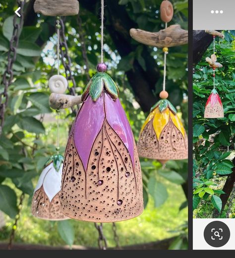 Ceramic Garden Art Pottery, Ceramic Wind Chimes, Ceramic Bells, Unique Wind Chime, Wind Bell, Ceramic Bell, Clay Sculptures, Hanging Bell, Cerámica Ideas