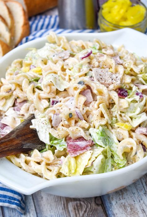 Pasta Salad Banana Peppers, Pasta Salad Rotini, Grinder Sandwich Pasta Salad, Grinder Pasta Salad, Turkey Pasta Salad, Protein Pasta Salad, Delicious Pasta Salad, Grinder Sandwich, Good Pasta