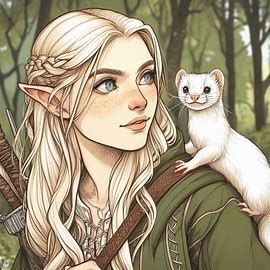 drawing of a druid half elf female with blonde hair and grey eyes with a small white weasel on her shoulder in the forest - Image Creator from Microsoft Bing Female With Blonde Hair, Half Elf Female, Half Elf Druid, Half Elf Dnd, White Weasel, Elf Female, Dnd Druid, Elf Drawings, Elf Ranger