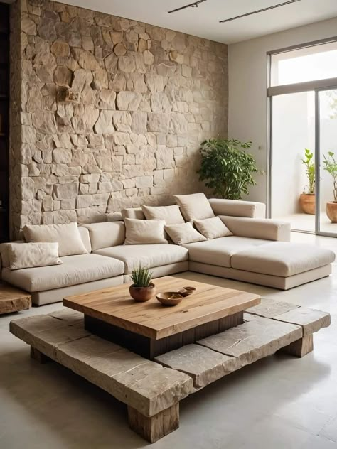 Wabi Sabi Interior Design, Stone Feature Wall, Wabi Sabi Interior, Minimalist Living Room Ideas, Living Room Minimalist, Room Minimalist, Concrete Decor, Living Room Diy, House Living Room