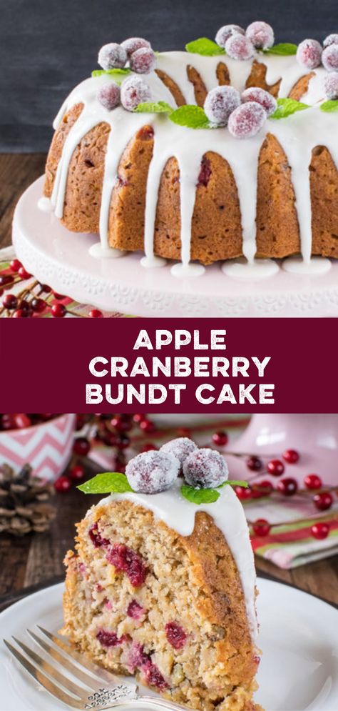 Give this caramel apple bundt cake a Christmas twist using cranberries and pecans. The cake has a dense texture giving it a fruit cake feel. I think adding candied cherries, orange zest, and coconut would be really good in it too. Grab the recipe now. A sweet glaze and sugared cranberries add a fun & festive flair to this Apple Cranberry Bundt Cake. This easy fruit cake is the perfect holiday dessert. Cranberry Bundt Cake, Comfort Baking, Healthy Cakes, Easy Bundt Cake, Cranberry Cake, Sweet Glaze, Apple Recipe, Cranberry Apple, Ginger Cake