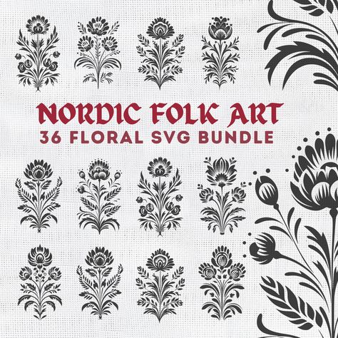 Swedish Folk Art SVG Floral Furniture Transfers Stencils, Scandinavian & Swedish Wildflower Clipart Bundle, Paper Crafting, Tattoo Line Art - Etsy Swedish Flower Tattoo Scandinavian Folk Art, Thistle Folk Art, Folk Floral Tattoo, Scandinavian Folk Art Tattoo, Crafting Tattoo, Norwegian Flowers, Folk Branding, Scandinavian Folk Art Swedish Style, Folk Art Stencil