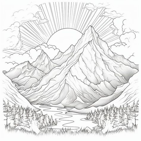 Coloring Pages Mountains, Mountains Coloring Pages, Mountain Pyrography, Mountain Coloring Pages, Cute Coloring Pages For Adults, Scenery Sketch, Mountain Landscape Drawing, Mindful Coloring Pages, Mindfulness Coloring Pages