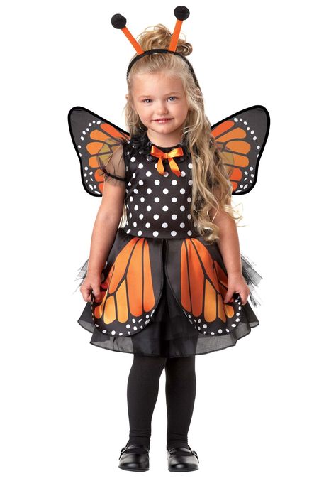 PRICES MAY VARY. Size: 2T/4T 100% polyester Jersey knit dress has hook & loop fastener at center back Dress has has tulle sleeves, satin bow at front neck, tulle & satin skirt overlays Jersey knit wings w/ wire rim has hook and loop fastener to secure on the back of the dress Flutter through life in an exclusive Girls Butterfly Costume for Toddlers! The sweet, knee-length dress has a black bodice printed with white polka dots, an orange bow sewn to the collar, and cap sleeves made of black mesh. Toddler Butterfly Costume, Butterfly Costume Kids, Girls Butterfly Costume, Monarch Butterfly Costume, Butterfly Halloween Costume, Butterfly Halloween, Bug Costume, Pretend Play Costumes, Toddler Girl Halloween