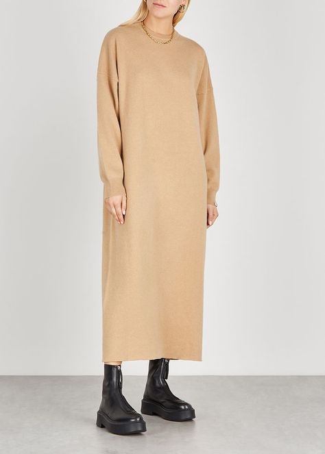 Extreme Cashmere N°106 Weird Camel Cashmere-Blend Jumper Dress Knit Sweater Dress Outfit, Sweater Dress Outfit Winter, Jumper Dress Outfit, Shop Winter Dresses, Long Jumpers, Sweater Dress Outfit, Long Sweater Dress, Tights And Boots, Take Note