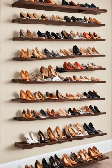 Top 15 DIY Shoe Rack Ideas [Within Budget] – craftydiyers.com How To Build Shoe Shelves, Diy Shoe Shelf Wall, Shoe Shelves On Wall Closet, Cheap Shoe Storage Ideas, Diy Shoe Wall, Diy Wall Shoe Storage, Diy Shoe Rack For Closet, Diy Shoe Shelves, Closet Shoe Shelves