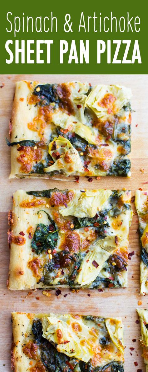 Spinach Artichoke Pizza, Sheet Pan Pizza, Pizza Marinara, Vegetarian Pizza Recipe, Artichoke Pizza, Pizza Ball, Spinach Pizza, Pizza Roll, Wilted Spinach