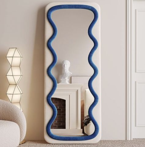 Full Length Mirror 63"x24", Irregular Wavy Mirror, Wave Arched Floor Mirror, Wall Mirror Standing Hanging or Leaning Against Wall for Bedroom, Flannel Wrapped Wooden Frame Mirror- Blue Wall For Bedroom, Leaning Against Wall, Arched Floor Mirror, Mirror Standing, Big And Tall Style, Wavy Mirror, Wooden Mirror Frame, Mirror Room, Wooden Mirror