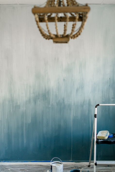 Ombre' Blue Accent Wall:: The Flat – Cottonwood Shanty Ombre Painted Walls, Faux Brick Accent Wall, Ombre Paint, Large Gallery Wall, Blue Accent Walls, Ombre Wall, Accent Wall Paint, Diy Ombre, Wall Diy