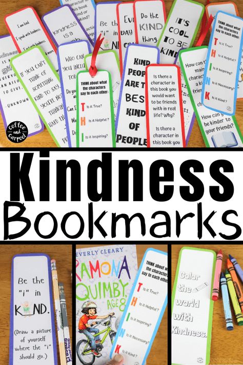 These kindness bookmarks will encourage kids to be kind while reading kindness books and books with characters who aren't so kind. These kindness bookmakrs for kids are interactive and great for classrooms, school libraries, public libraries and for families #kindnessbookmarks #kindnessbookmarksforkids #kindnessactivitiesforkids #kindnessactivities #booksmarksforschoollibrarians Teacher Kindness Ideas, Kindness Crew Ideas, Acts Of Kindness At School, Kindness Themes For School, School Kindness Ideas, Each Kindness Book Activities, Kindness Bookmarks Free Printable, Kindness Club Activities For Kids, Kindness Club Ideas For Elementary School