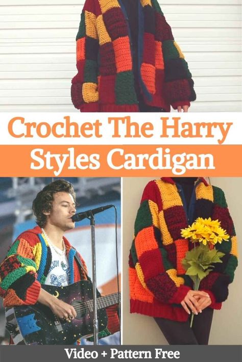 Harry Styles Sweater Crochet Pattern, Crochet Patched Cardigan, Harry Styles Patchwork Cardigan Crochet Pattern, Crochet Cardigan Panels, How To Sew A Cardigan, Patch Sweater Crochet, Harry Styles Crochet Cardigan Pattern, Patch Crochet Cardigan, Harry Styles Crochet Pattern