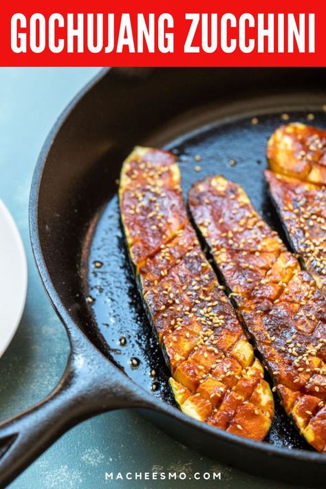 Gochujang Zucchini! This roasted zucchini with a spicy and sweet gochujang glaze is my new favorite way to cook zucchini. Give your home-cooked zucchini a special taste with this recipe. Gochujang is a Korean red chili paste and it really goes perfectly with a pan-roasted garden zucchini. Your Gochujang Zucchini over white rice or noodles for a delicious Asian copy meal. Asian Zucchini Side Dish, Korean Squash Recipes, Chinese Zucchini Recipes, Gochujang Zucchini, Gochujang Vegetables, Asian Zucchini Recipes, Zucchini Asian, Recipes With Gochujang, Japanese Zucchini