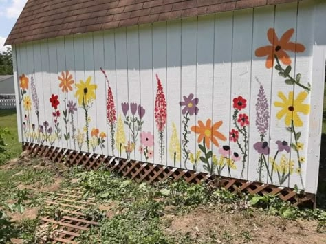 Fence Design Painting, Outdoor Mural Ideas Flower, Outdoor Fence Painting Ideas, Outdoor Garden Wall Painting Ideas, Painted Fences Mural, Shed Painting Ideas, Fence Mural Ideas, Shed Painting, Painted Garden Sheds