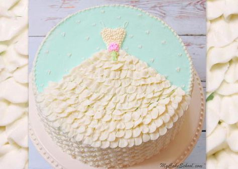 Buttercream Bridal Shower Cake | This beautiful cake is perfect for a classic bridal shower. Wedding Shower Cakes, Buttercream Cake Designs, Buttercream Decorating, Wedding Dress Cake, Cake Decorating Classes, Bridal Shower Cakes, Easy Cake Decorating, Cake Decorating Videos, Cake Decorating Designs