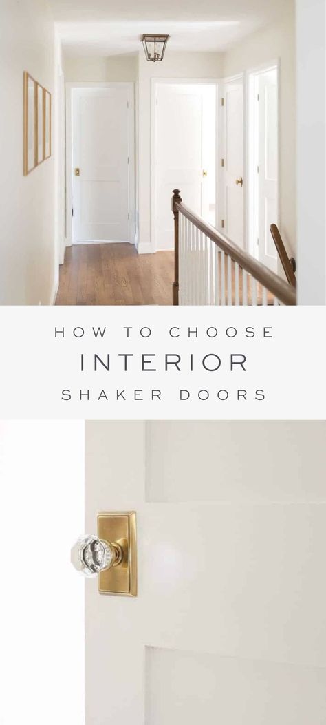 hallway with shaker doors, overlay text, close up of shaker door Shaker Panel Interior Doors, Beach House Interior Door Styles, Winslow Interior Door, Classic Interior Door Styles, White Shaker Doors Interior, Modern Traditional Interior Doors, Transitional Doors Interior, One Panel Shaker Interior Door, Diy Shaker Doors Interior