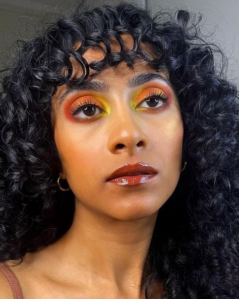 Red And Yellow Eye Makeup, Red Yellow Makeup, Groovy Makeup, Queer Prom, Indigenous Pride, Sparkly Eye Makeup, Warm Eyeshadow, Orange Eye Makeup, Yellow Eye Makeup