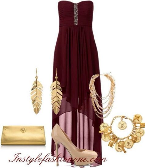 LOVE the maroon dress, the accessories not so much ! Maroon Dress Formal, Maroon Dress Outfit, Best Homecoming Dresses, Vintage Homecoming Dresses, Bordeaux Dress, Color Outfits, Formal Wear Women, Plum Dress, Red Homecoming Dresses