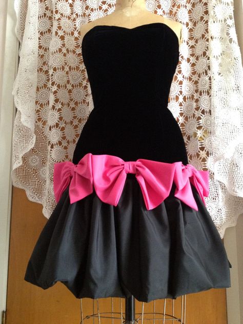 80s Prom Dress Accessories, Black Dress With Pink Ribbon, 80s Goth Prom Dress, 80s Satin Prom Dress, Prom Dresses 80s, Tacky Prom, Satin Bow Dress, 1980s Prom Dress, Black Taffeta Dress