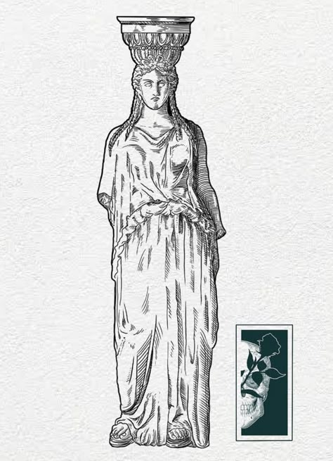 Caryatids Tattoo, Caryatid Drawing, Caryatid Tattoo, Greek Statue Illustration, Parthenon Architecture, Wrist Tattoos Words, Neoclassical Art, Greek Columns, Ancient Greek Art