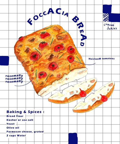 Cooking Graphic Design, Focaccia Illustration, Focaccia Packaging, Fantastical Sandwich Drawing Laguardia, Bread Recipe Illustration, Bread Illustration Design, Bread Loaf Illustration, Bread Graphic Design, Food Branding Design