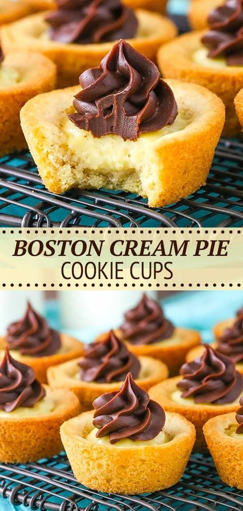 Boston Cream Cookie Cup, Boston Cream Pie Cookie Bites Recipe, Easy Boston Cream Pie Cookie Bites, Boston Cream Pie Muffins, Boston Cream Bites, Boston Cream Pie Cookie Cups, Boston Cream Cookie Bites, Coconut Cream Pie Cookie Cups, Mini Boston Cream Pie Bites