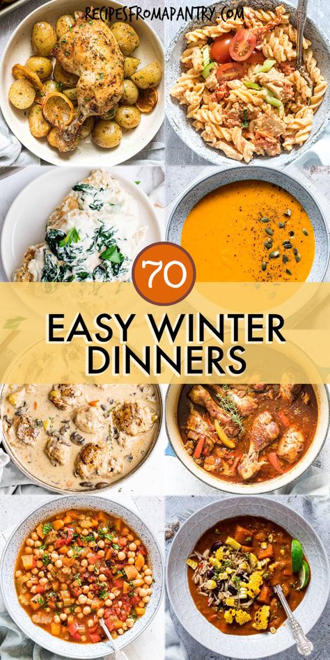 These 70+ easy winter dinner ideas are what you need to stay warm, cozy and satisfied this season! Includes ideas for quick dinners, meats, Sunday dinners, classic comfort foods for a crowd, crockpot comfort food, Winter soups, vegetarian, vegan options, winter weeknight dinner ideas, winter weekend dinner ideas, winter casseroles. Get the easy dinner ideas for easy winter recipes - Winter Comfort Food Recipes ! #winterdinners #wintermeals #recipes #winter #comfortfood #dinnerideas Dinner Idea For Cold Weather, Dinner For Winter Nights, Family Winter Dinner Ideas, Quick Hot Dinner, Quick Winter Dinner Recipes Weeknight Meals, Cheap Winter Dinners, Winter One Pot Meals, December Dinners Recipes, Warming Dinner Recipes