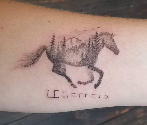 Horse With Mountains Tattoo, Horse And Mountain Tattoo, Wild Horse Tattoo Design, Horse And Cow Tattoo, Horse Mountain Tattoo, Horse Symbol Tattoo, Paint Horse Tattoo, Wild Mustang Tattoo, Horse Tribute Tattoo