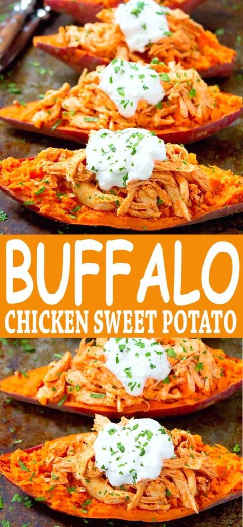 Buffalo Chicken Sweet Potato, Buffalo Chicken Stuffed Sweet Potatoes, Sweet Potato Recipe, Chicken Stuffed, Diner Recept, Weeknight Dinner Recipes Easy, Chicken Sweet Potato, Easy Weeknight Dinner, Health Dinner