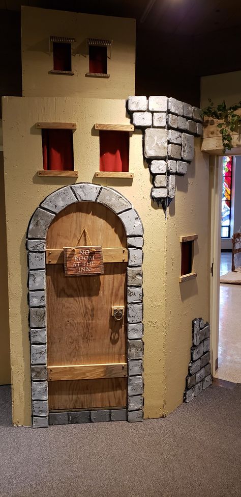 Bible Set Design, Nativity Stage Set, Diy Bethlehem Village, Bethlehem Inn Stage Prop, Nativity Stage Design, Bethlehem Marketplace Ideas, A Night In Bethlehem Ideas, Live Nativity Scene Ideas, Christmas Skits