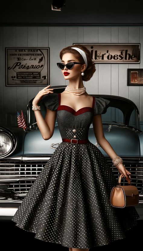 Dive into the elegance of the 1950s! Our feature blends the classic charm of A-line dresses and polka dots with a modern twist. Pearls, cat-eye sunglasses, and red lips complete the look. Revive timeless style in today's fashion! Share your vintage-inspired outfits. #RetroChic #1950sFashionRevival Retro Glamour Outfit, 1950s Outfits Women, 50s Party Outfit, Retro Glamour Dress To Impress, 50s Style Outfits, 1950s Pin Up Girl, 1950s Glamour, 50s Theme, Vestidos Pin Up