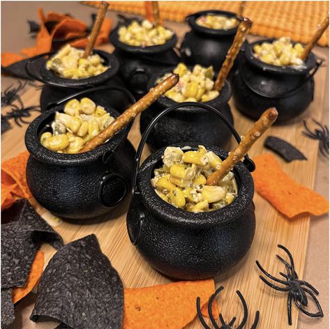 Mini Couldren Snacks, Mini Cauldron Food Ideas, Mini Cauldron Ideas, Halloween Themed Baby Shower Ideas, Elote Dip, Witchy Tea, Spooky Recipes, Mini Cauldron, Themed Baby Shower Ideas