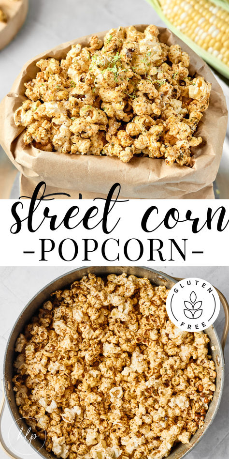 A close up photo of the street corn popcorn in a brown bag and a large pot. Popcorn Board Ideas, Tajin Popcorn, Popcorn Trail Mix Recipes, Gourmet Popcorn Recipes Savory, Savory Popcorn Recipes, Popcorn Board, Protein Popcorn, Popcorn Recipes Savory, Savory Popcorn