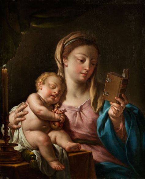 The Virgin and Child Reading a Prayer Book. Francesco Trevisani (Italian, 1656-1746). Oil on canvas. The Christ Child is sitting on a table with its head sleepily leaning against its mother’s... St John The Baptist, Religious Paintings, Religious Painting, Baroque Art, European Paintings, Madonna And Child, Jean Baptiste, John The Baptist, Holy Family