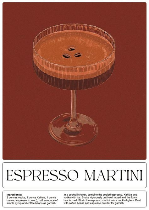 Espresso Martini Wall Art, Cocktail Poster Design, Espresso Martini Aesthetic, Espresso Martini Poster, Cocktail Posters, Cocktail Illustration, Warehouse Design, Vintage Poster Design, Cocktail Book